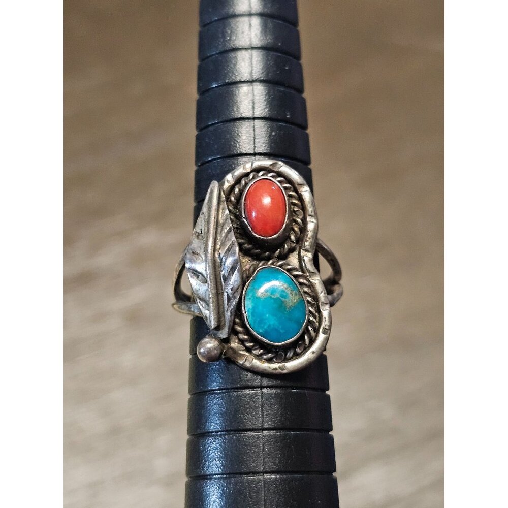 Vintage Sterling Silver Ring With Blue Turquoise Red Coral Stones Feather Size 7